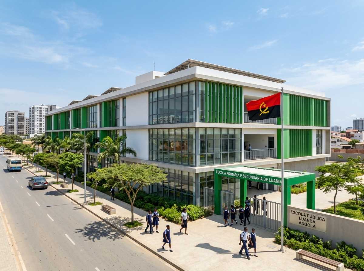 Fachada de nova escola primária e secundária em Luanda